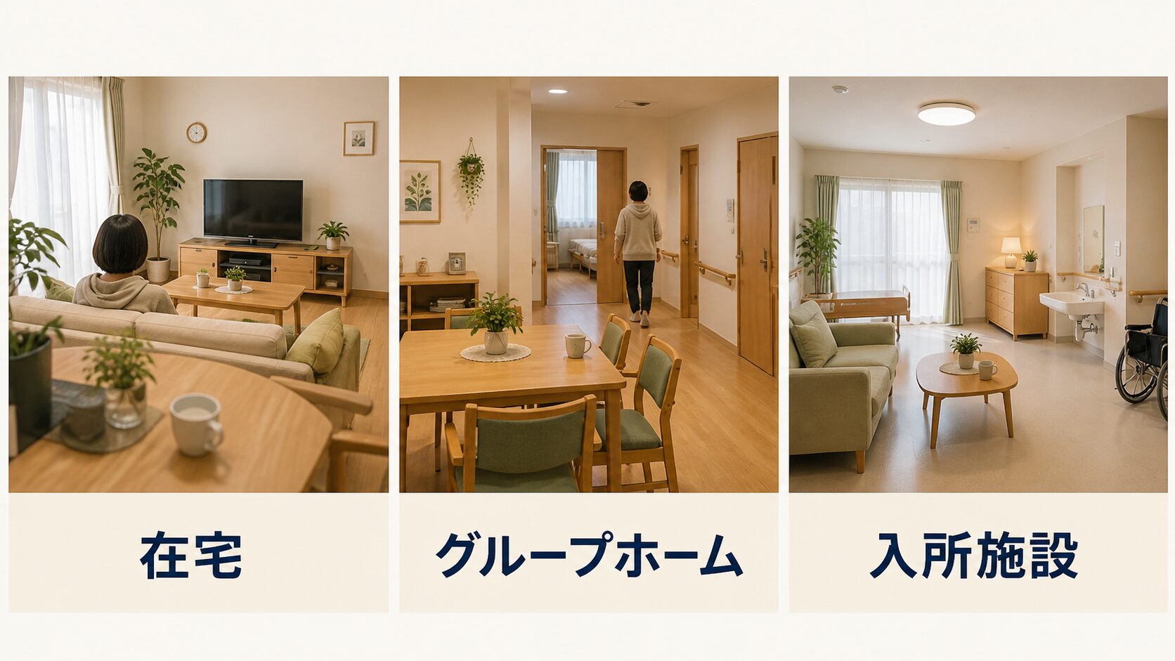 在宅、グループホーム、入所施設という大人の住まいの選択肢を比較するイメージ