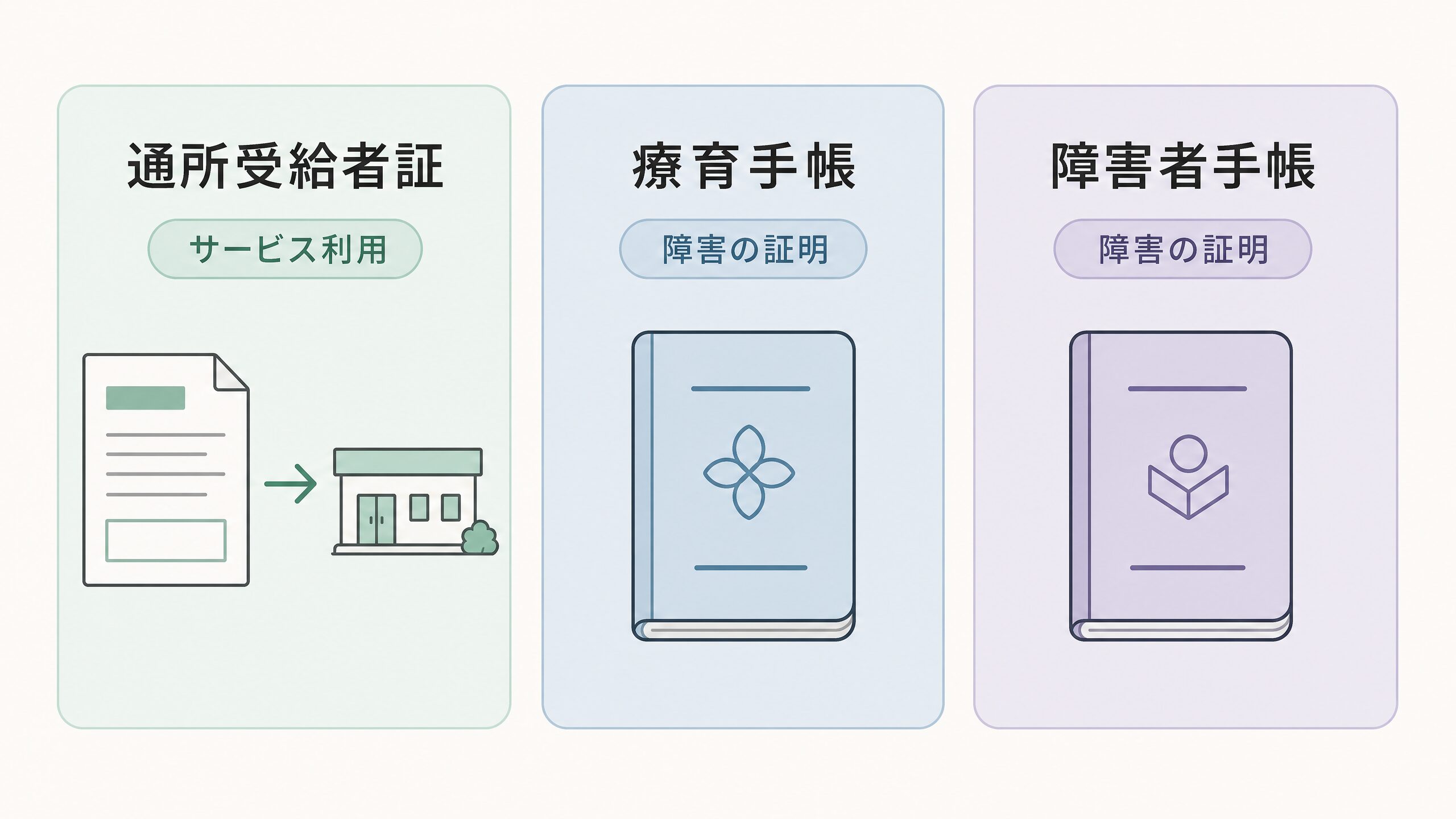 通所受給者証と療育手帳・障害者手帳の役割の違いを比較した図