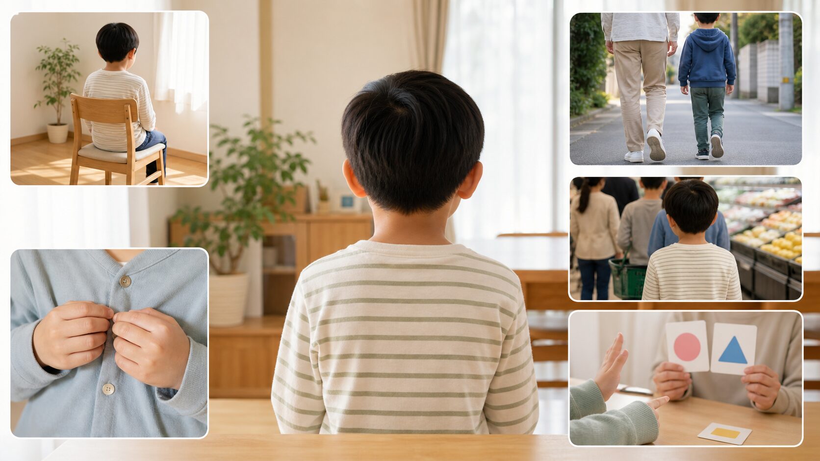 待つ、移動、身辺自立、意思表示など日常生活の力を積み重ねる様子