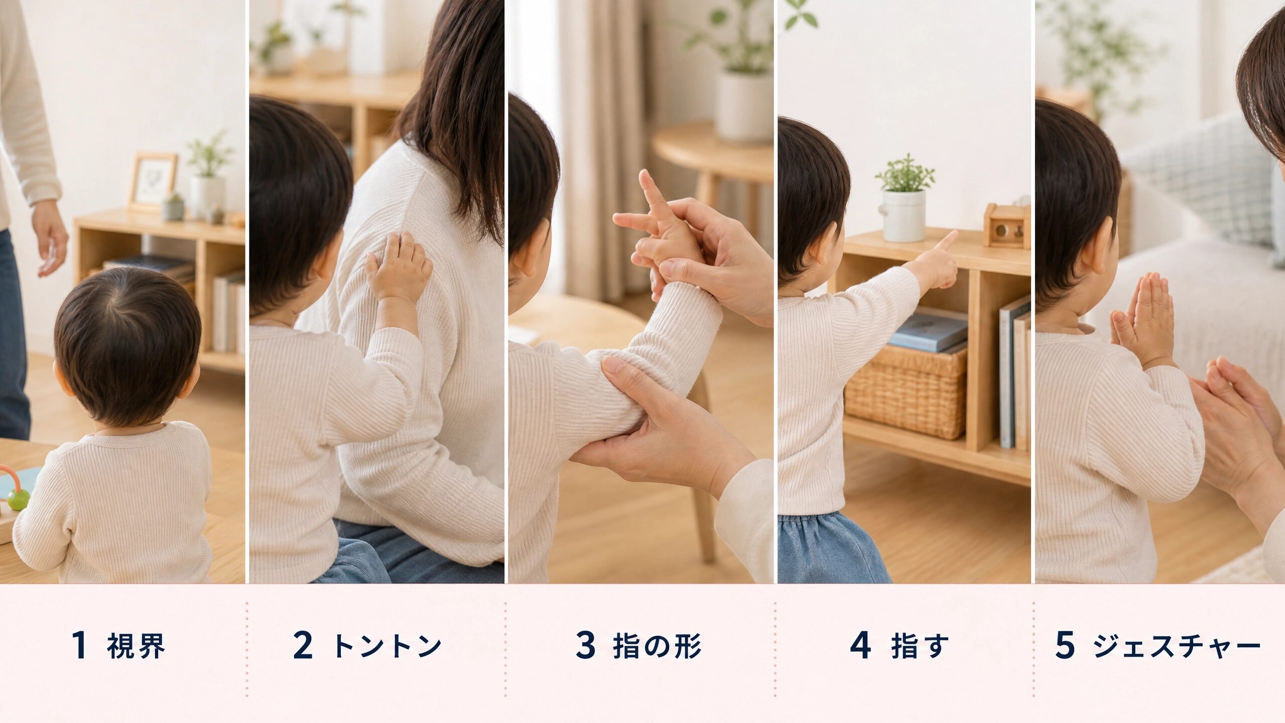 クレーン現象から指差しやジェスチャーへ家庭で小さな段階に分けて練習する様子