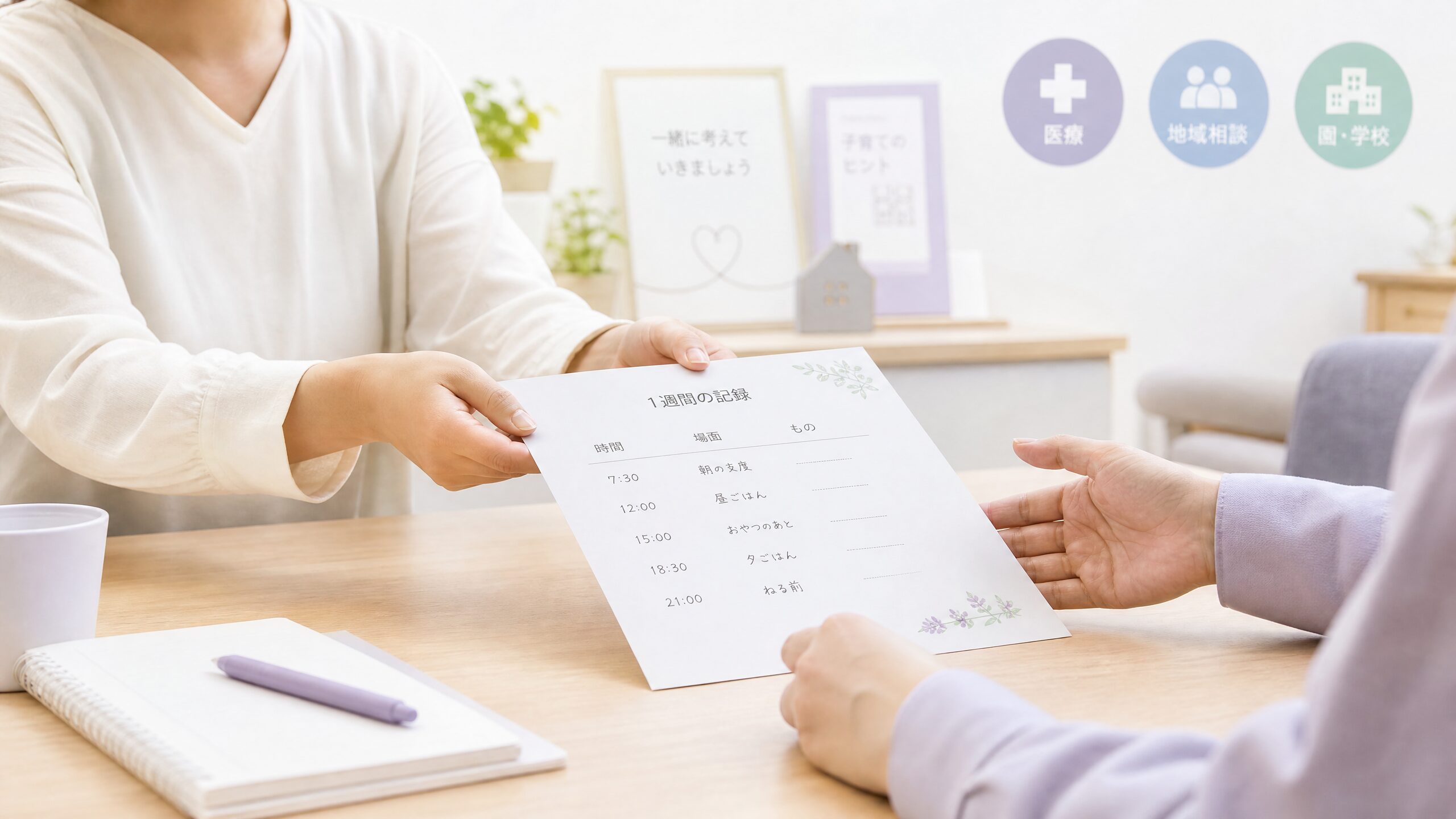 口に入れる行動の1週間の記録を持って小児科や支援先へ相談する保護者