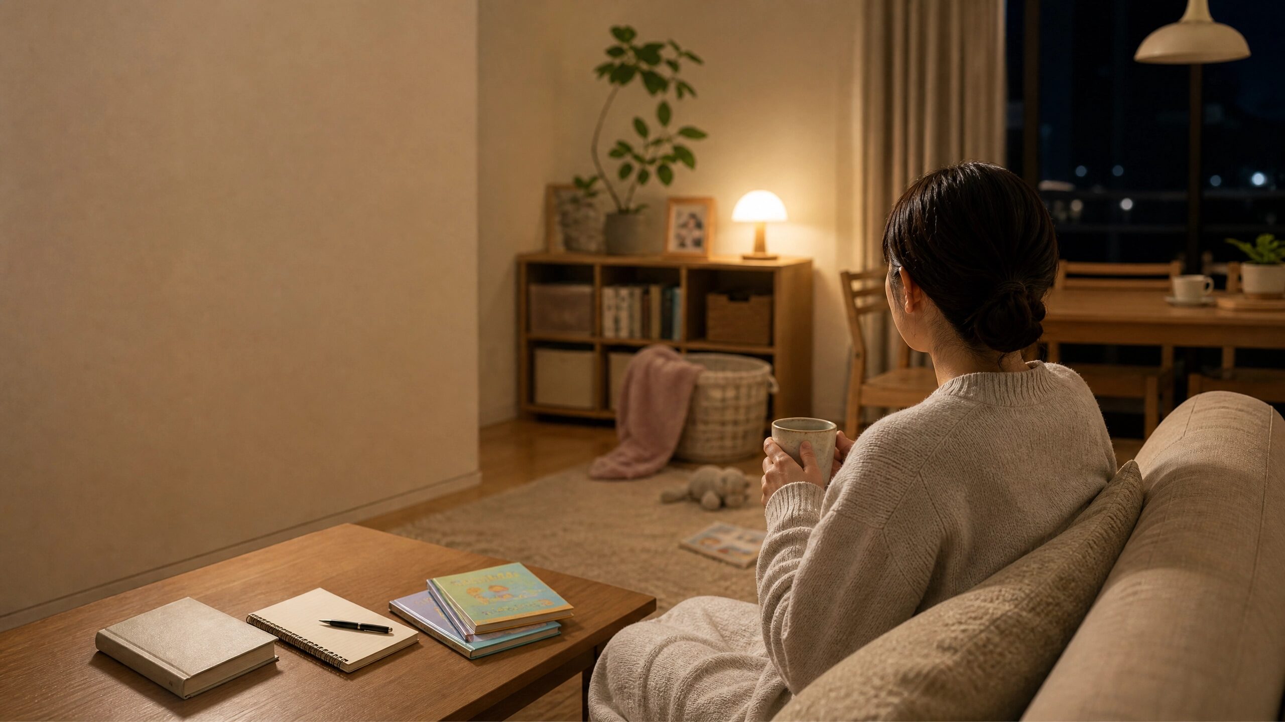 子どもが寝たあとの静かな部屋で疲れを休める保護者の後ろ姿