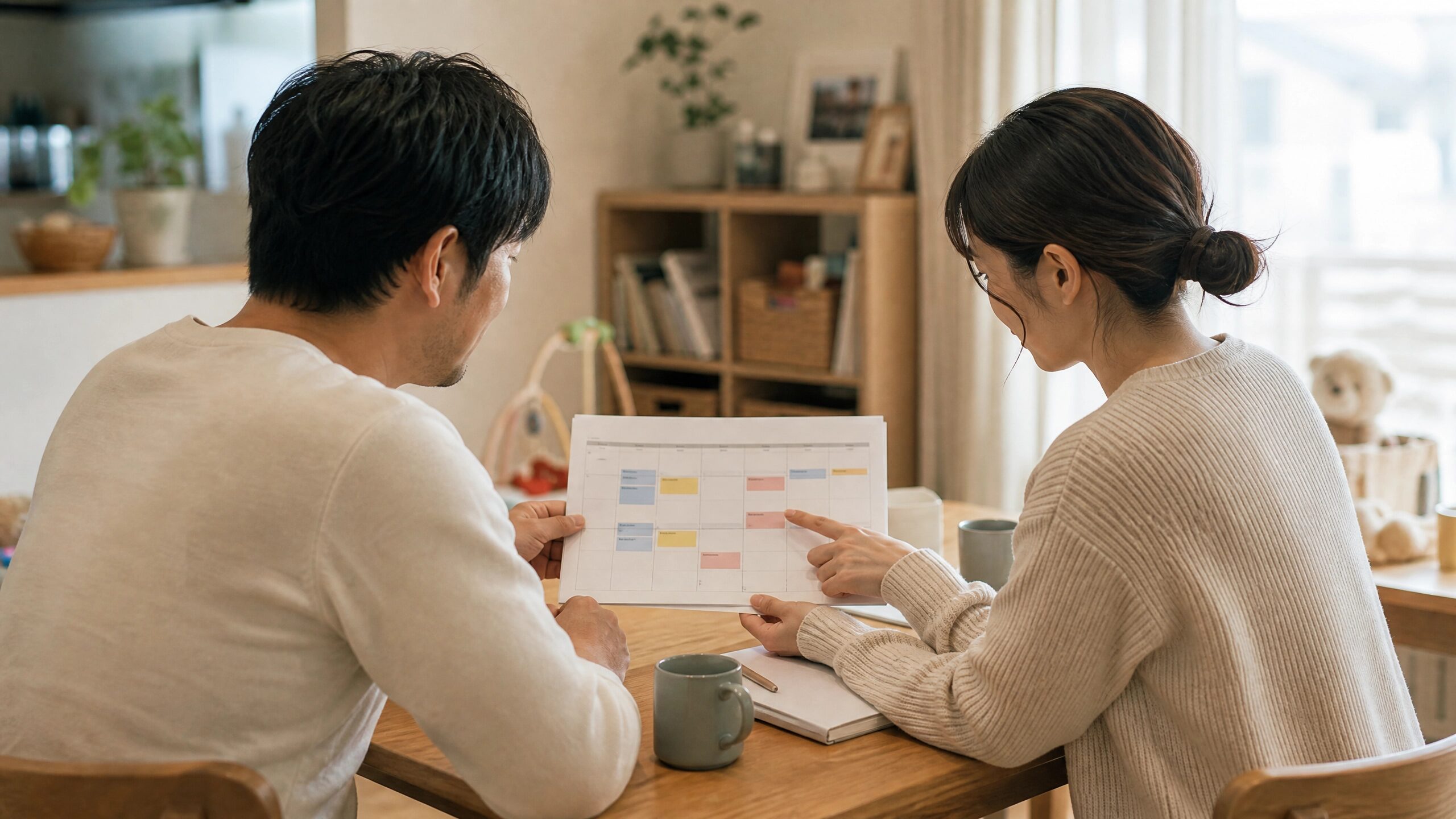 家庭の育児や家事の役割を話し合って分担する夫婦の様子