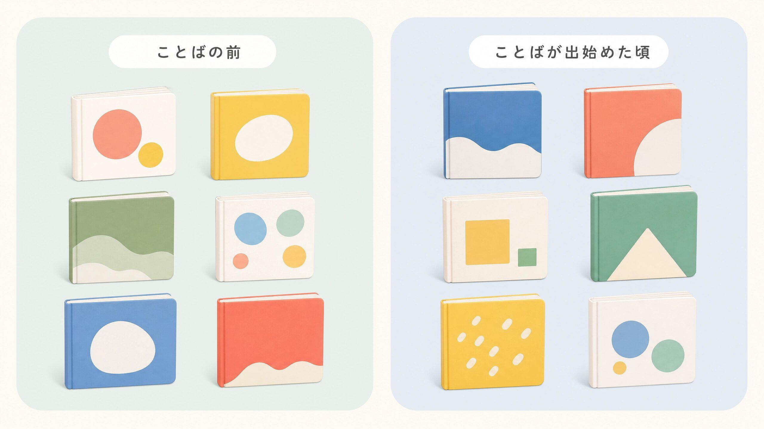 言葉が出ていない段階と出始めた段階に分けて12冊の絵本を整理するイメージ