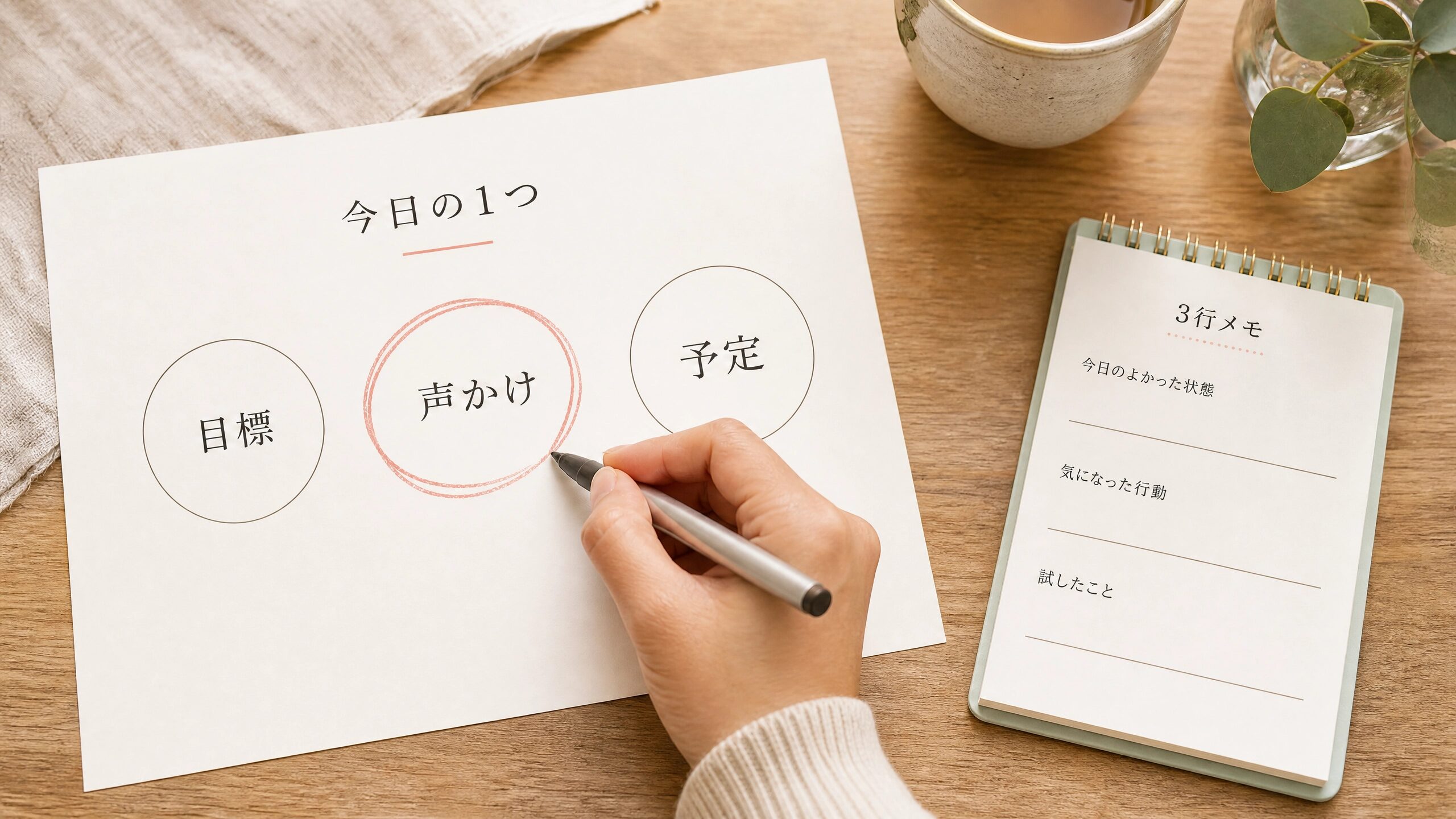 目標や声かけ、予定の中から今日減らすものを1つ選んで記録する手元