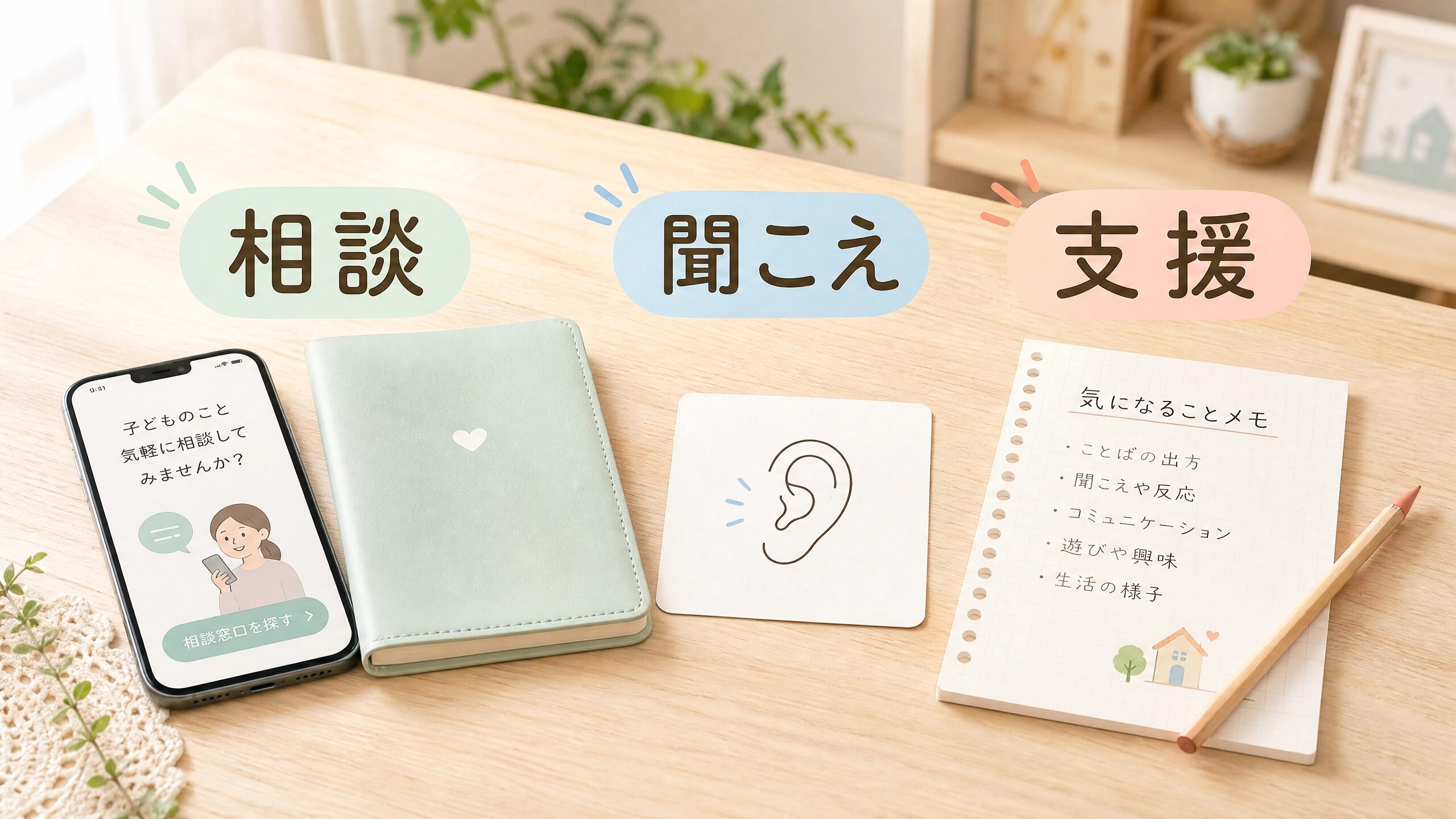 言葉の遅れが気になるときに相談や聞こえの確認へ進む流れのイメージ
