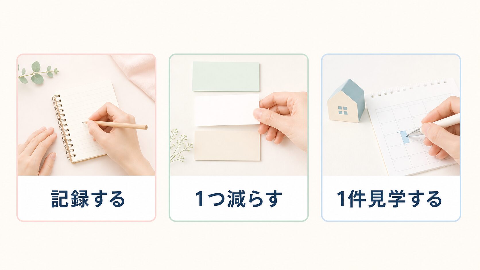 今の姿を記録する、やめることを決める、施設を見学するという3つの行動