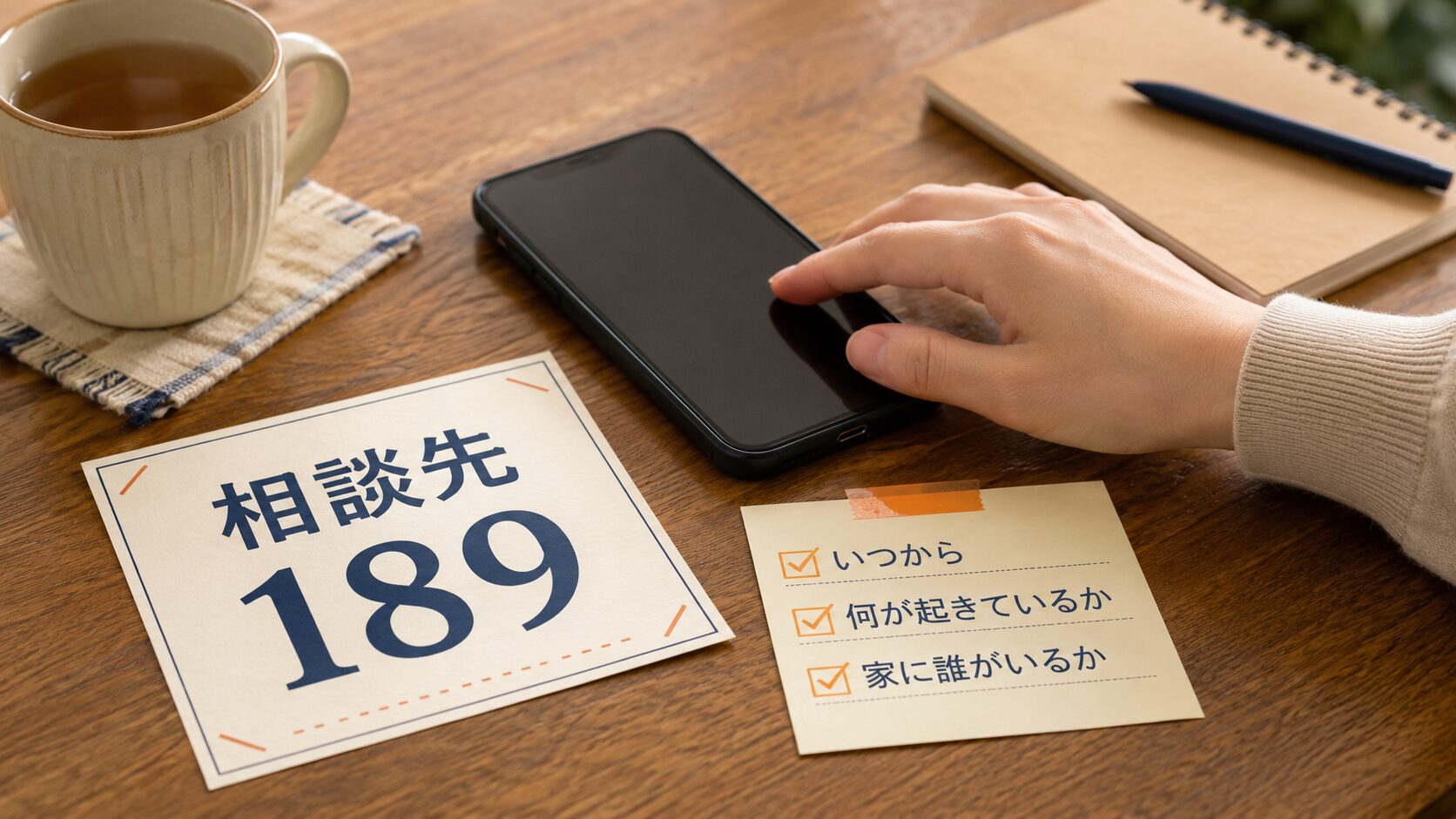 家庭内で誰かの安全が危ないと感じたときに相談先へ電話するためのスマートフォンとメモ