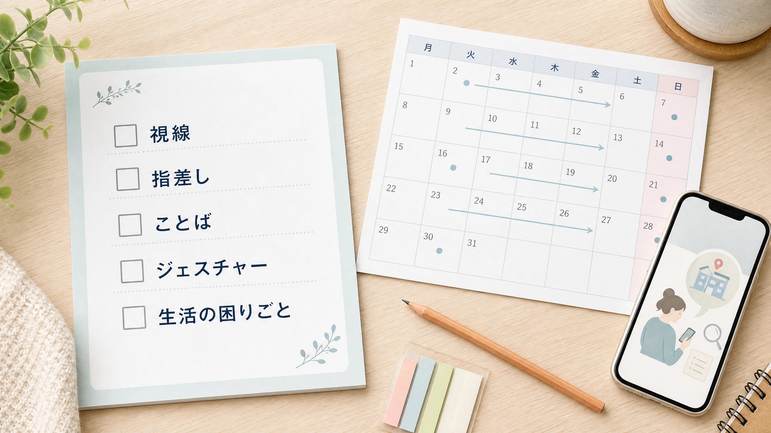 年齢だけでなく視線や指差し、ことば、生活の困りごとを見ながら発達相談を考えるイメージ