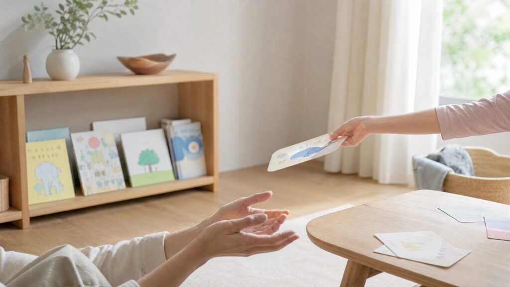 読み聞かせを自然に終えた後も別のやりとりが続いている家庭のイメージ