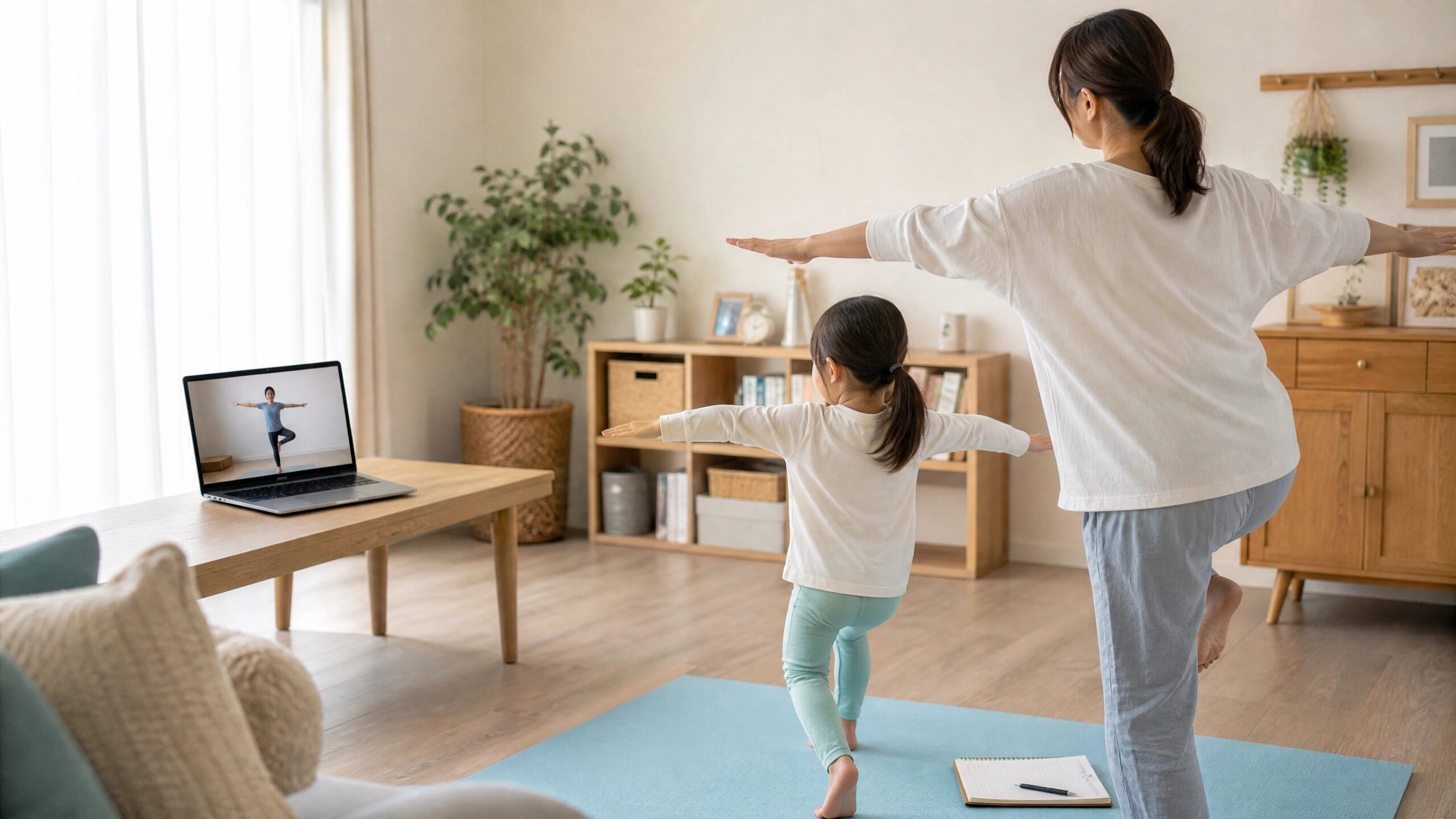 家庭でオンラインの運動支援を受けながら親子で体を動かす様子