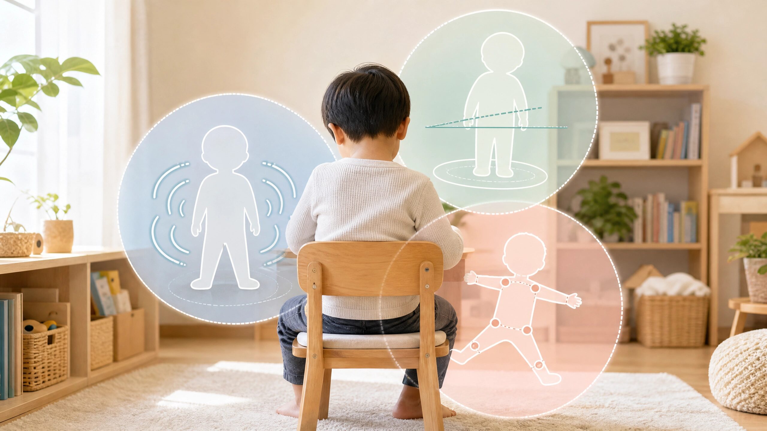 筋肉の張り、体の位置を感じる感覚、協調運動の3つの観点から姿勢の崩れを表したイメージ