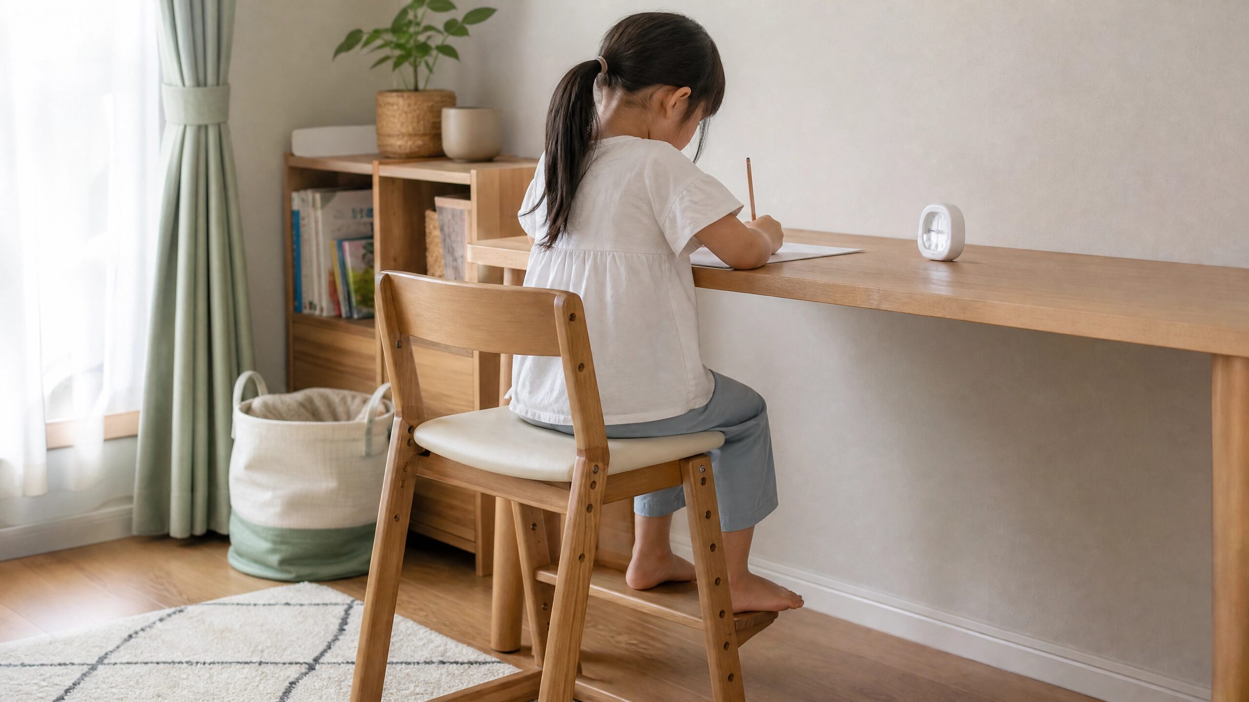 足裏が安定する椅子と刺激の少ない机まわりで子どもが過ごす家庭環境
