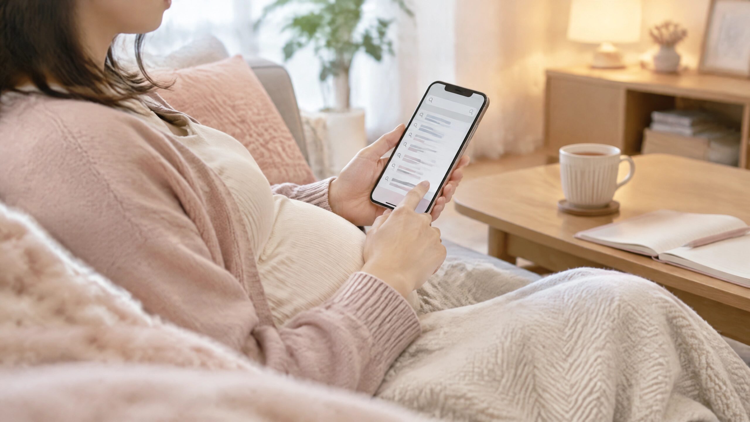 妊娠中の不安からスマートフォンで何度も情報を検索している保護者の手元