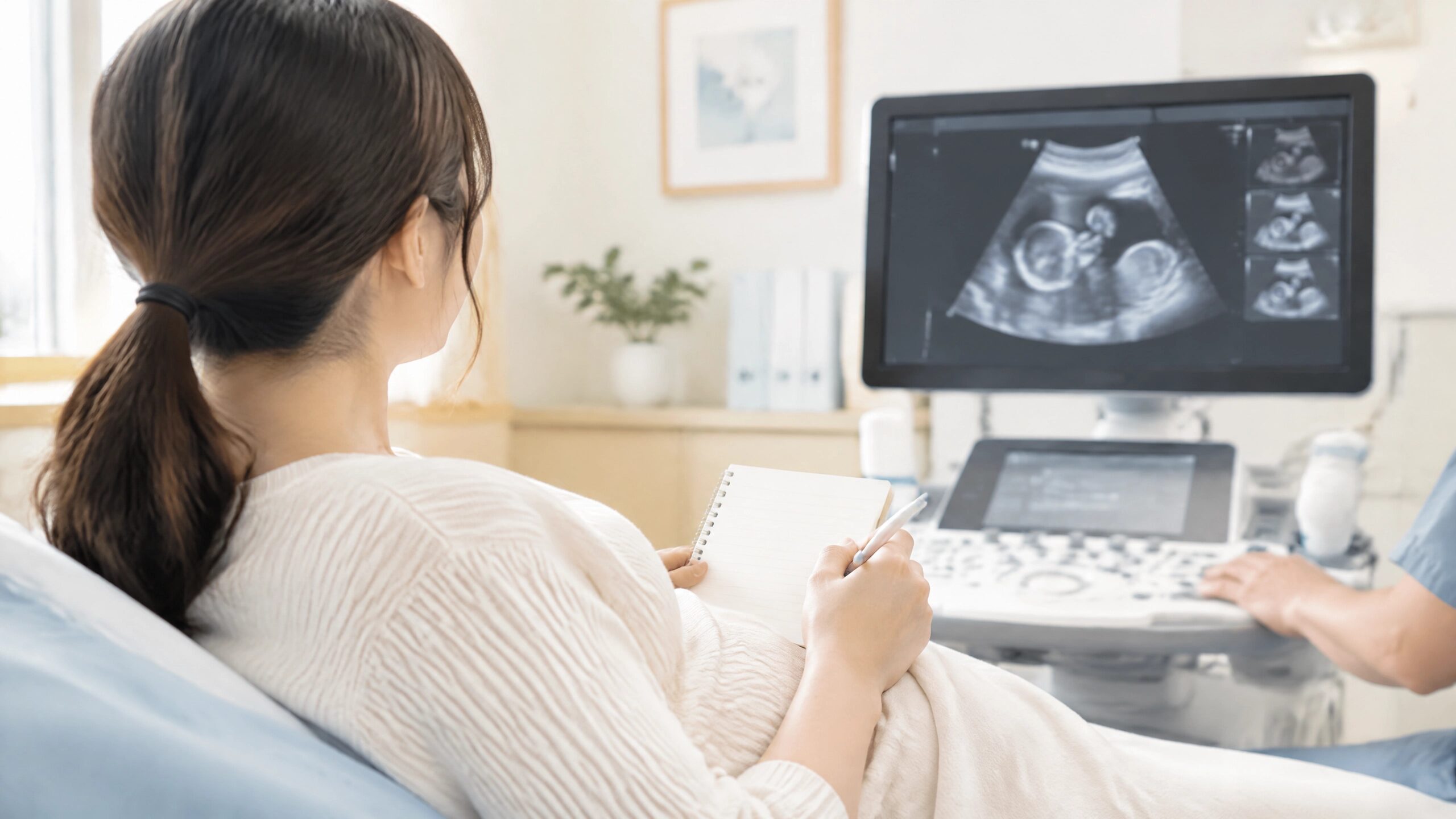 妊婦健診でエコーを確認しながら質問メモを用意している妊婦の様子