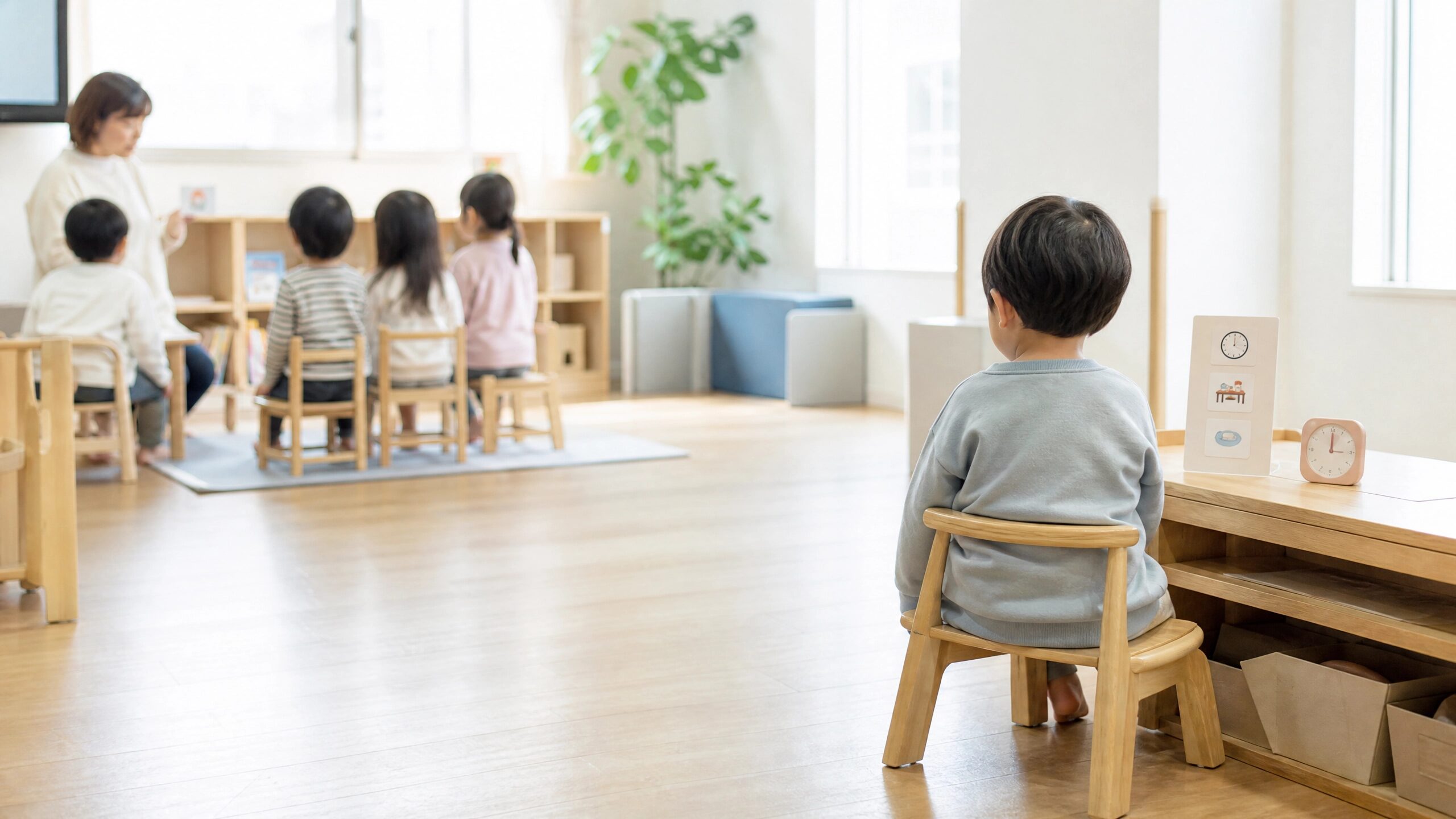 療育で自由時間の長さや一斉指示が子どもの段階と合うかを見極めるイメージ