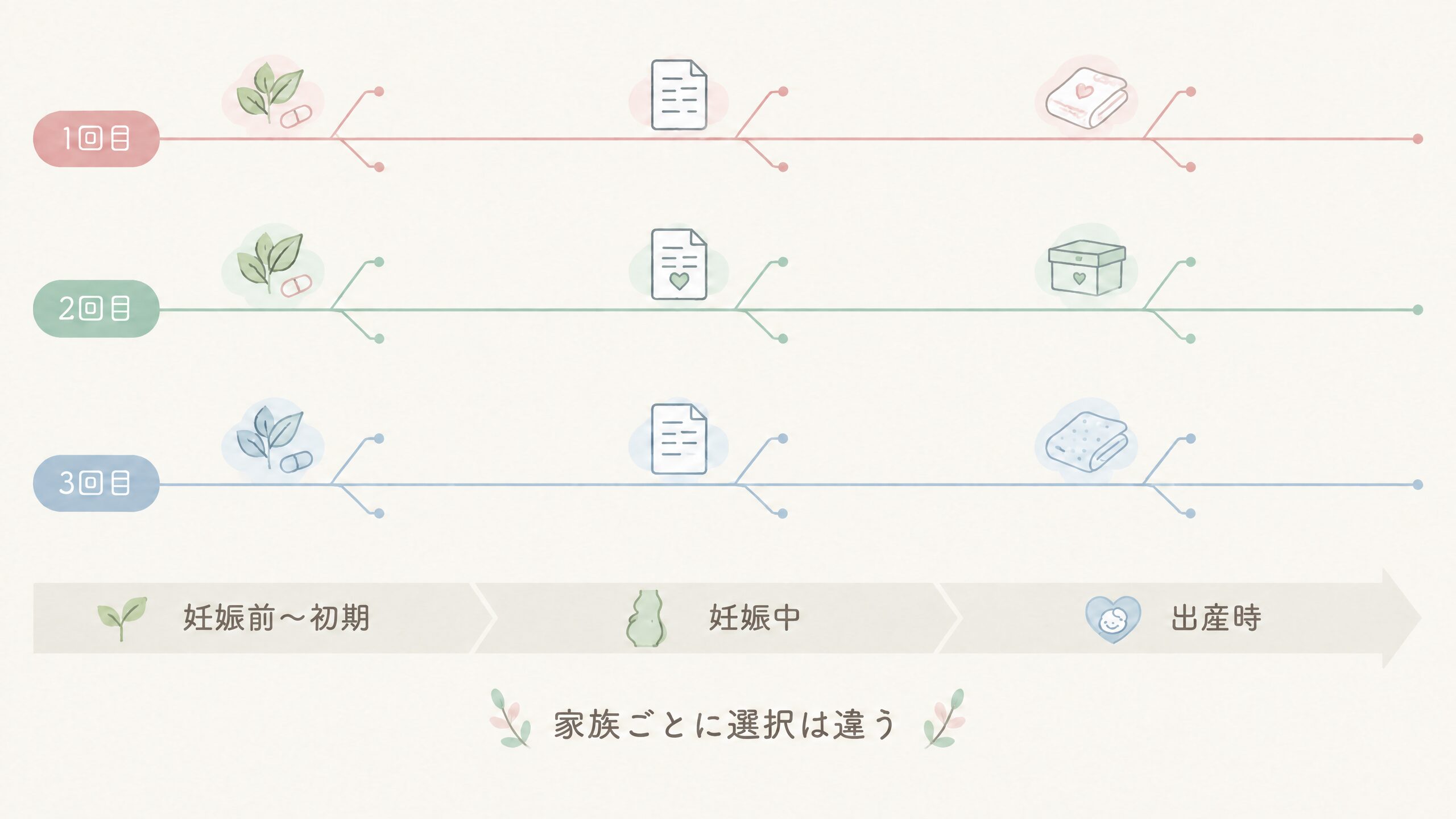 3回の妊娠で異なった選択と妊娠時期ごとに考えられることを整理したタイムライン